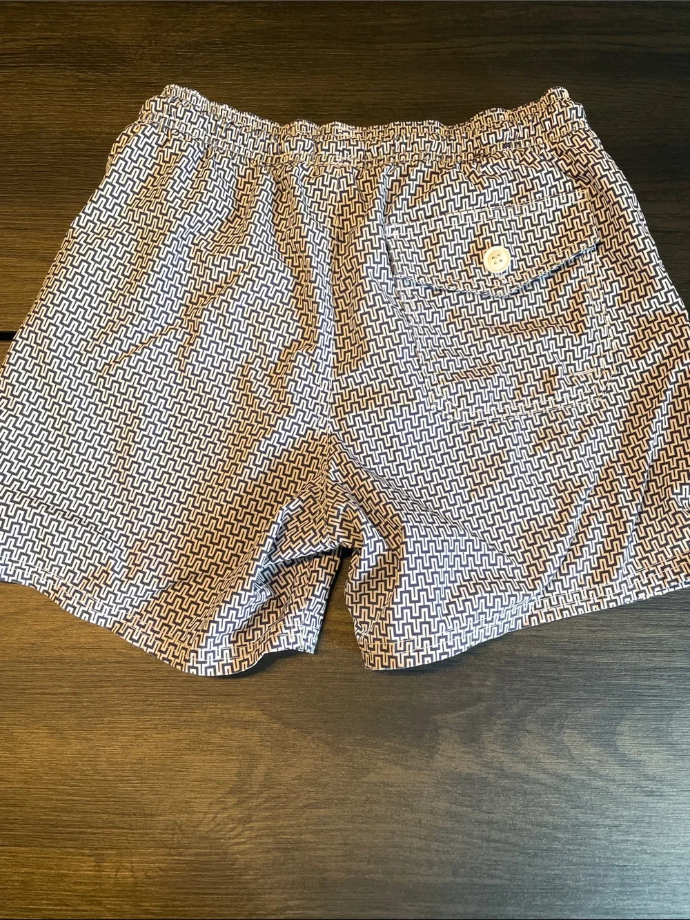 J. Crew White & Navy Geometric Swim Shorts with Teal Drawstring